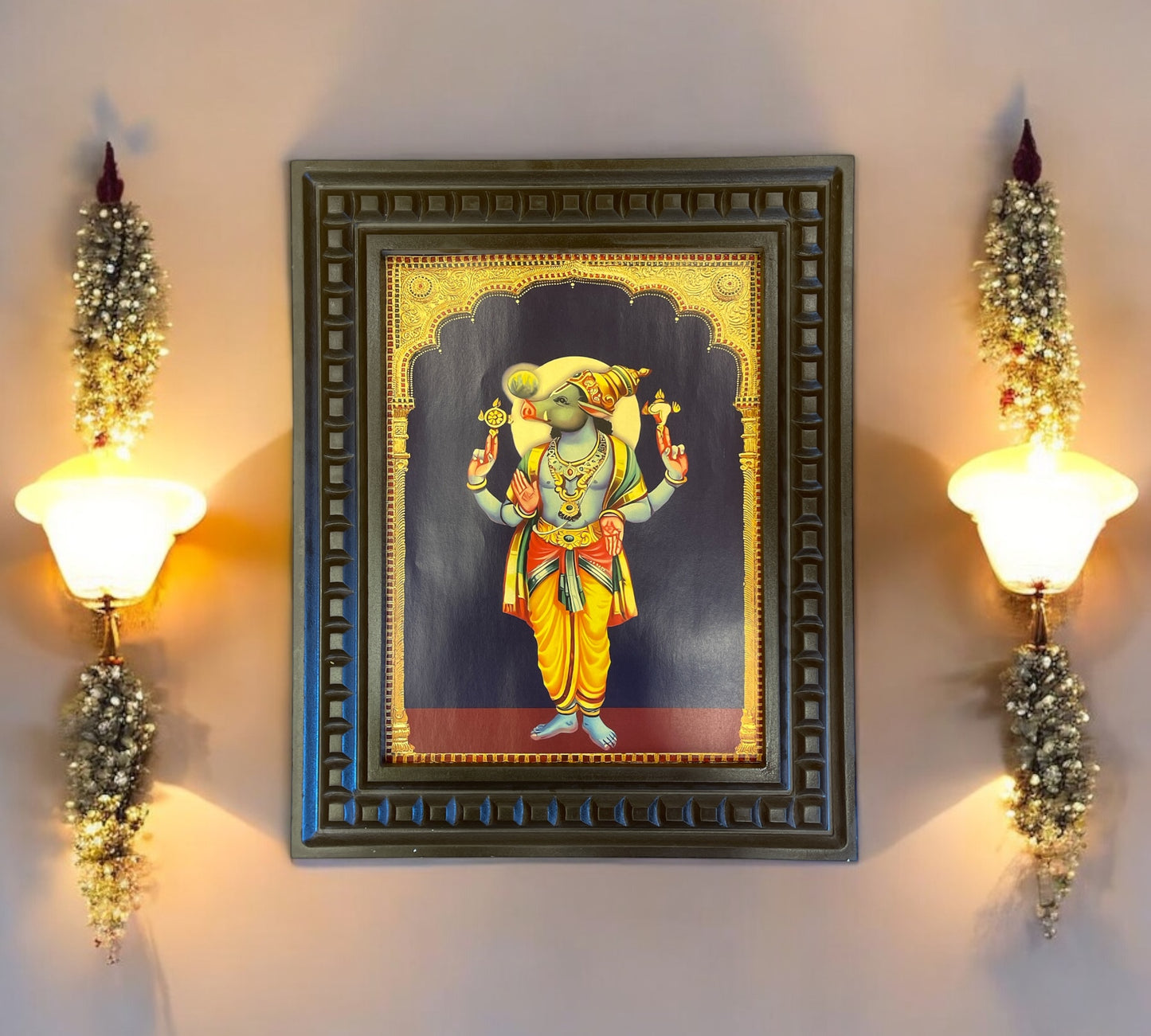 Bhoo Varaha Swamy - 2 Gold leafed art in Wooden frame