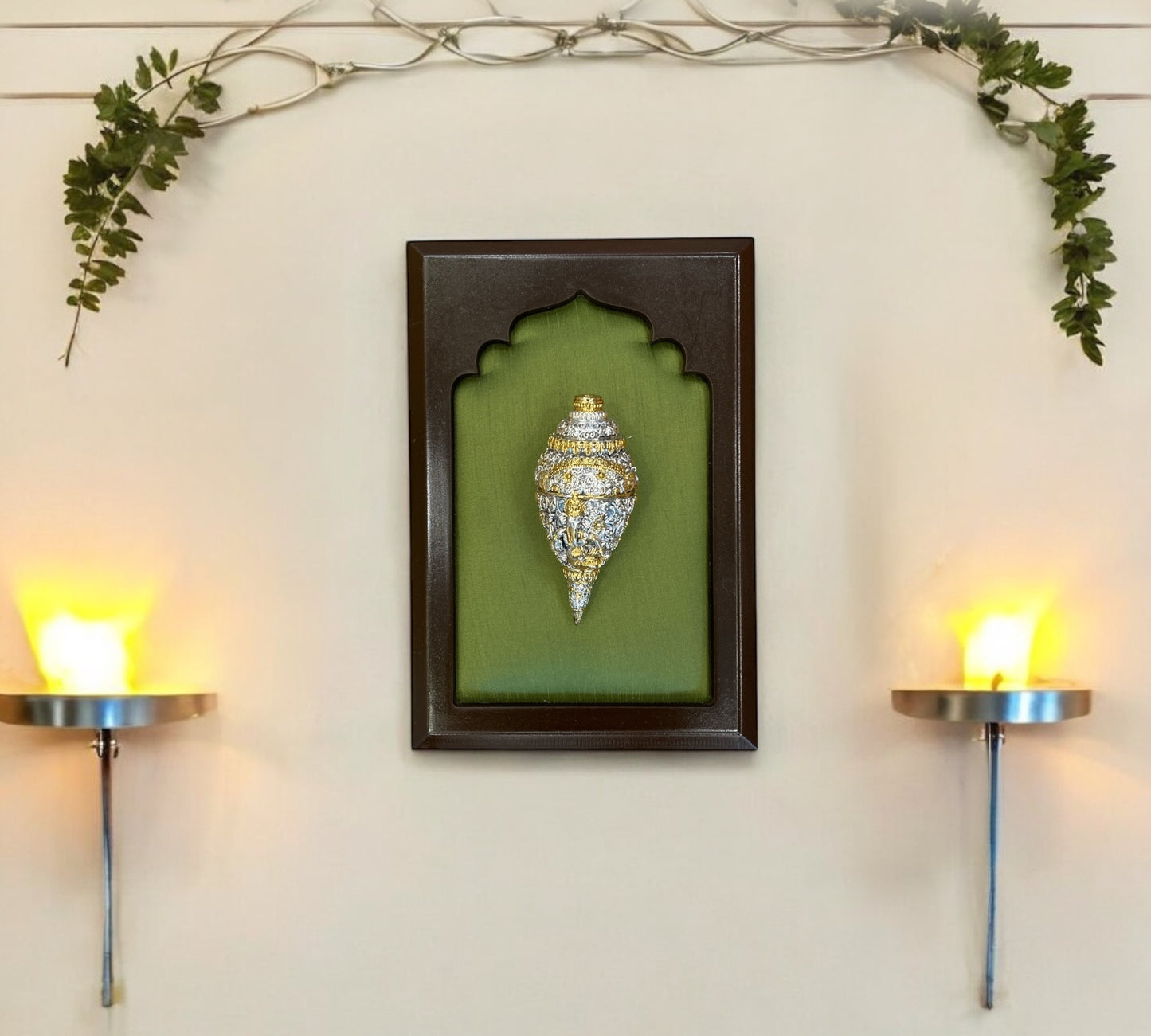 Shank Ganesha with silk in Wooden Frame (6 Colour Variant)