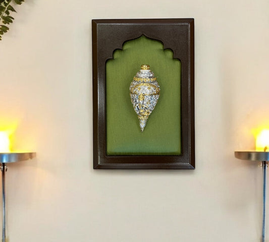 Shank Ganesha with silk in Wooden Frame (6 Colour Variant)