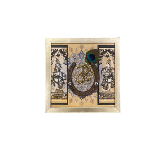 Brass Om with Good Luck Used Horse Shoe & Dwarapalakas Backdrop in Antique Gold Frame