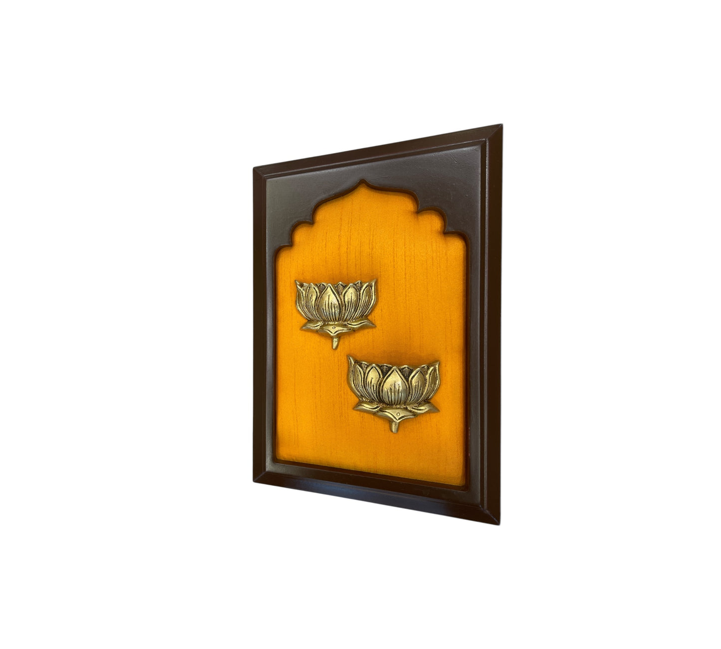 Brass Twin Lotus Wall Art with Orange Silk in Wooden Frame