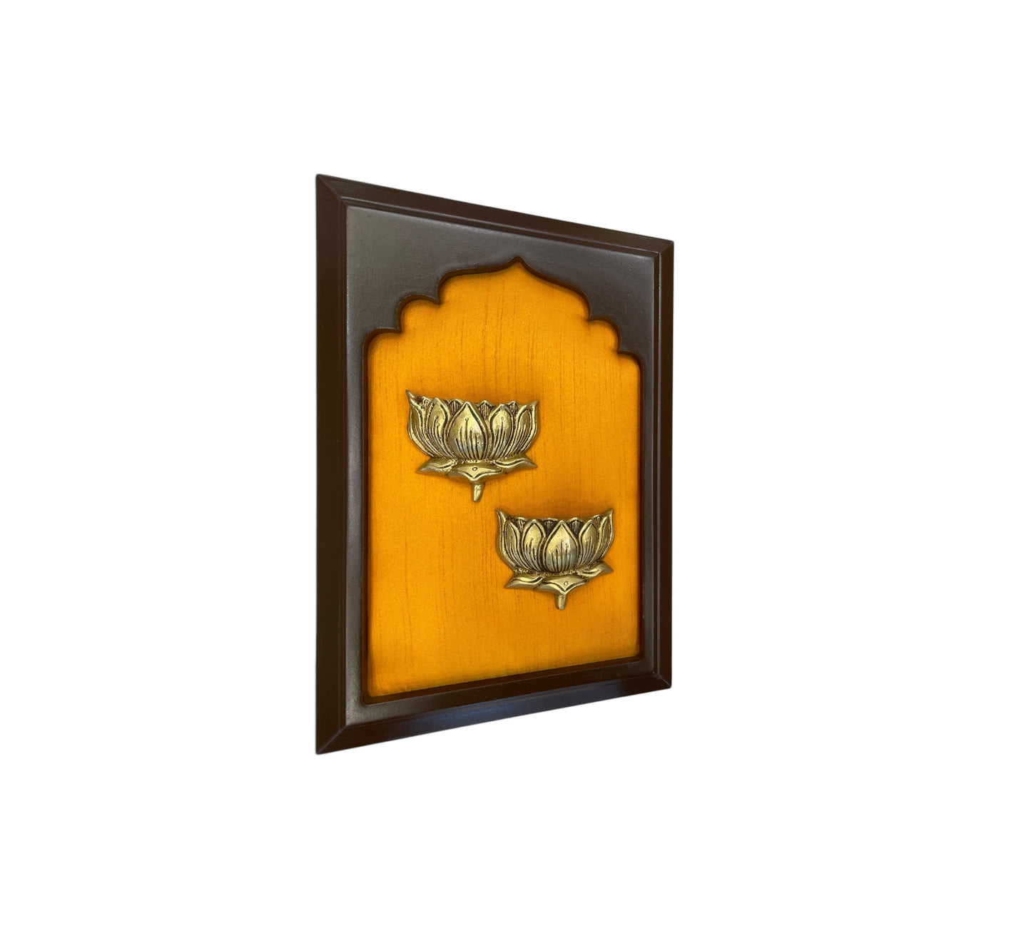 Brass Twin Lotus Wall Art with Orange Silk in Wooden Frame