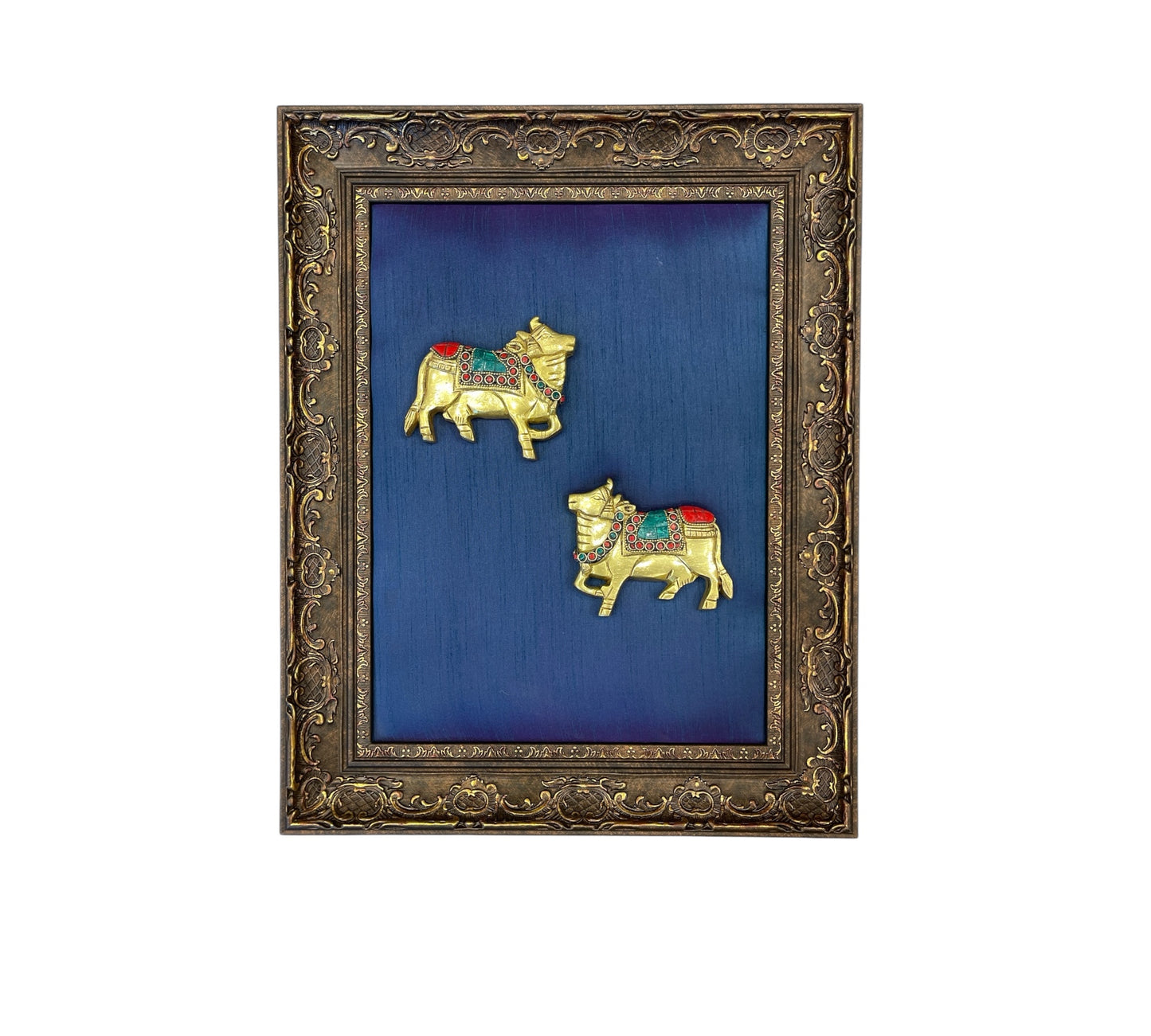 Kamadhenu Brass & stonework with Dark Blue in Moulded Frame