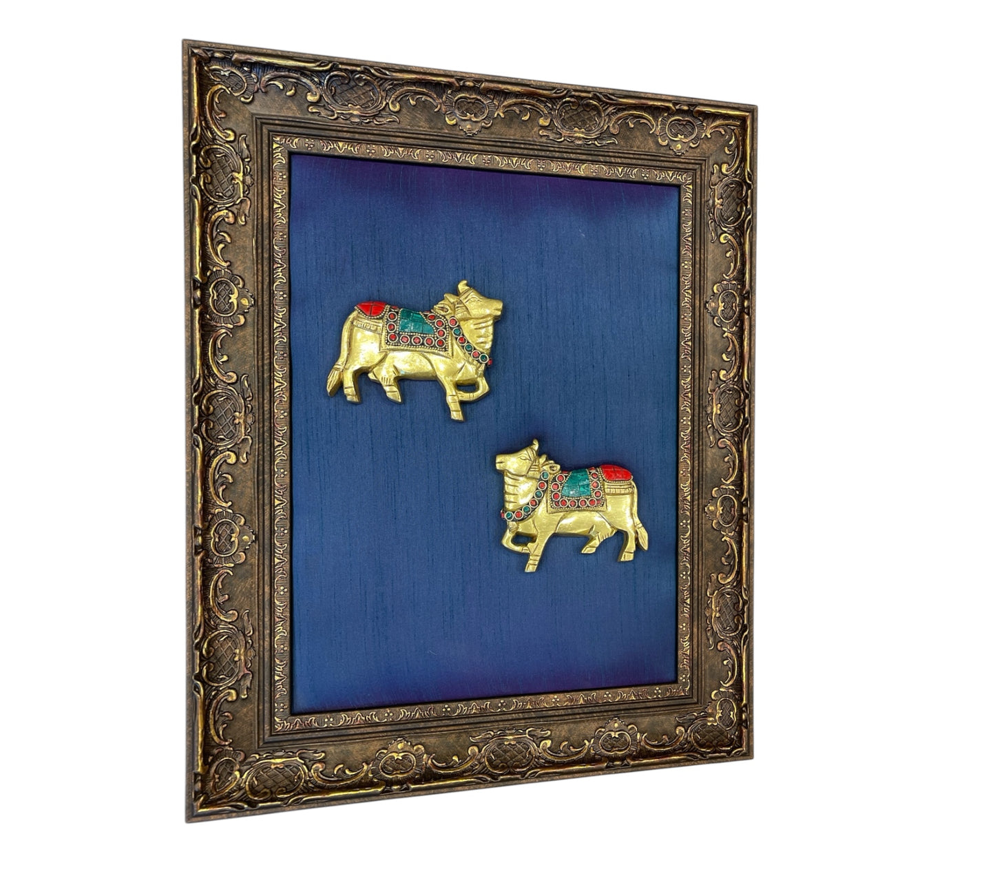 Kamadhenu Brass & stonework with Dark Blue in Moulded Frame