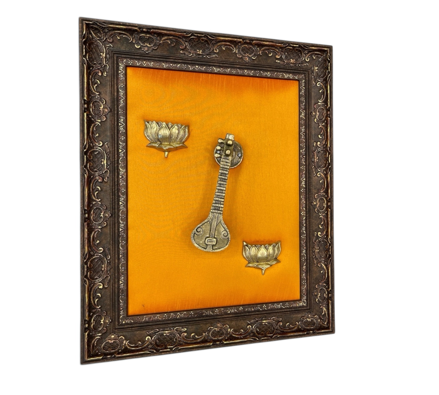 Veena & Lotus Brass with Yellow Silk In Moulded Frame