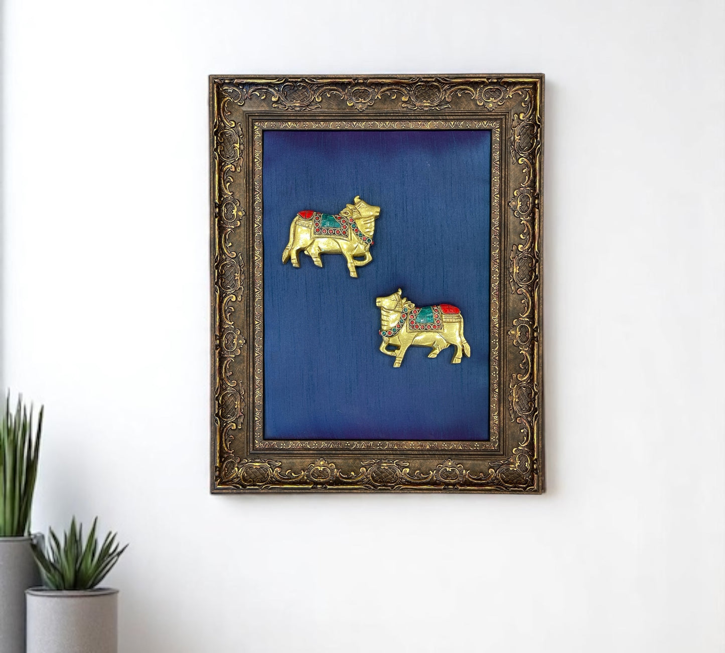 Kamadhenu Brass & stonework with Dark Blue in Moulded Frame