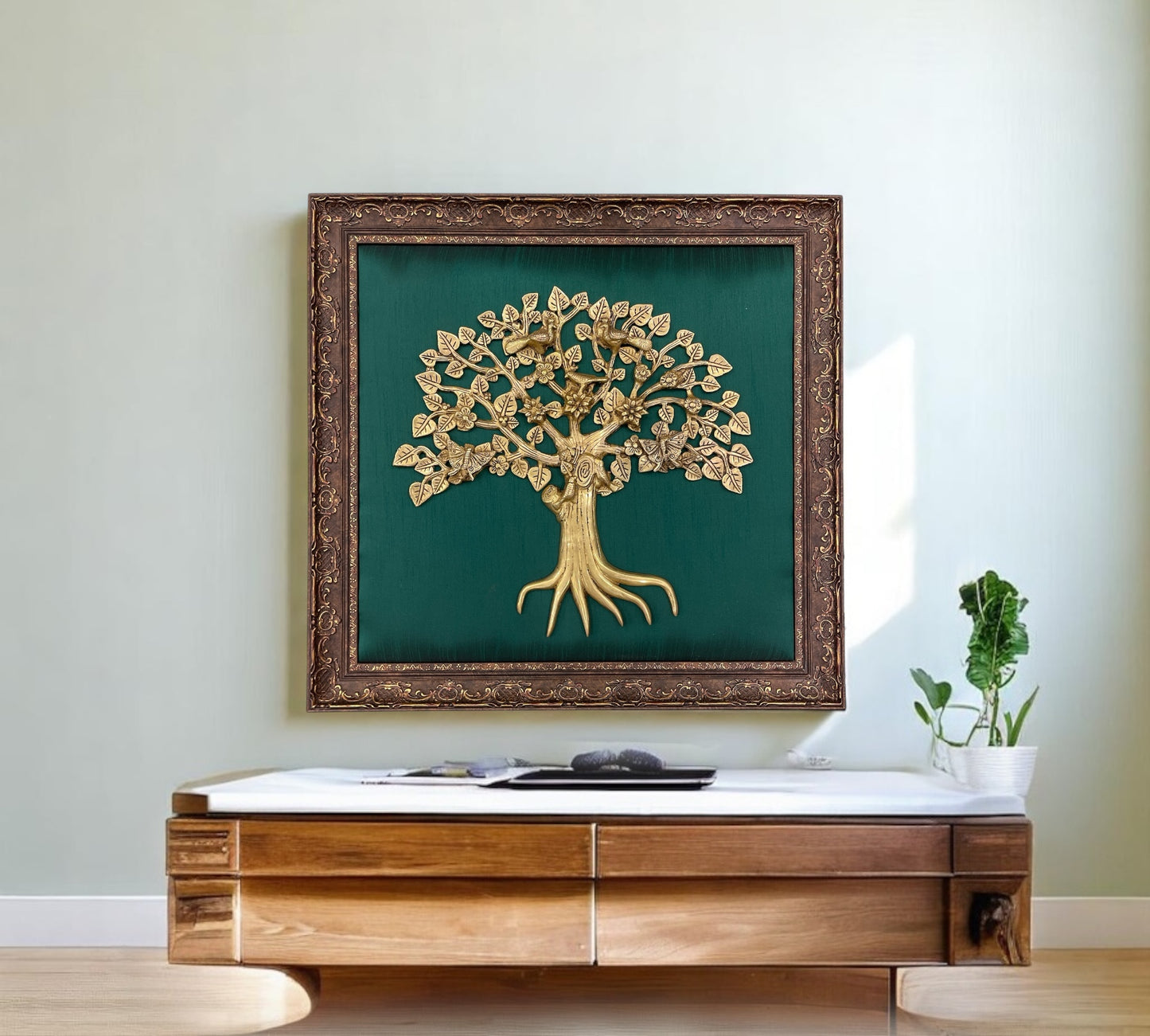 Kalpavriksha Brass with Rama Green silk in Moulded frame
