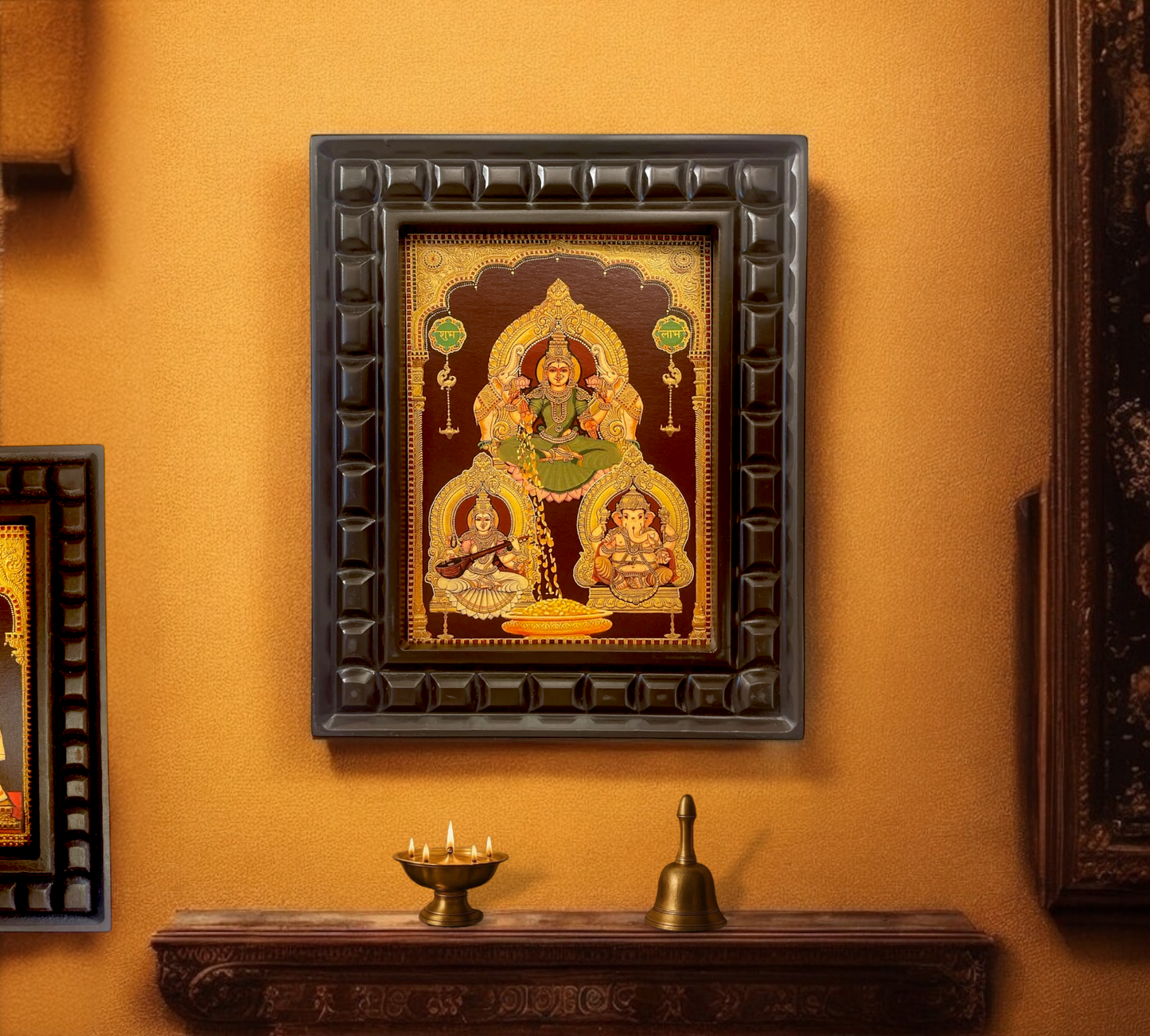 Lakshmi Ganesha Saraswati Gold foiled art in wooden frame