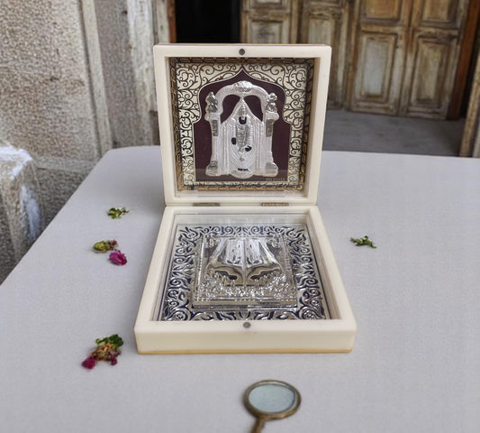 Tirupati Balaji with Padukas in Silver 3d foil Gift box