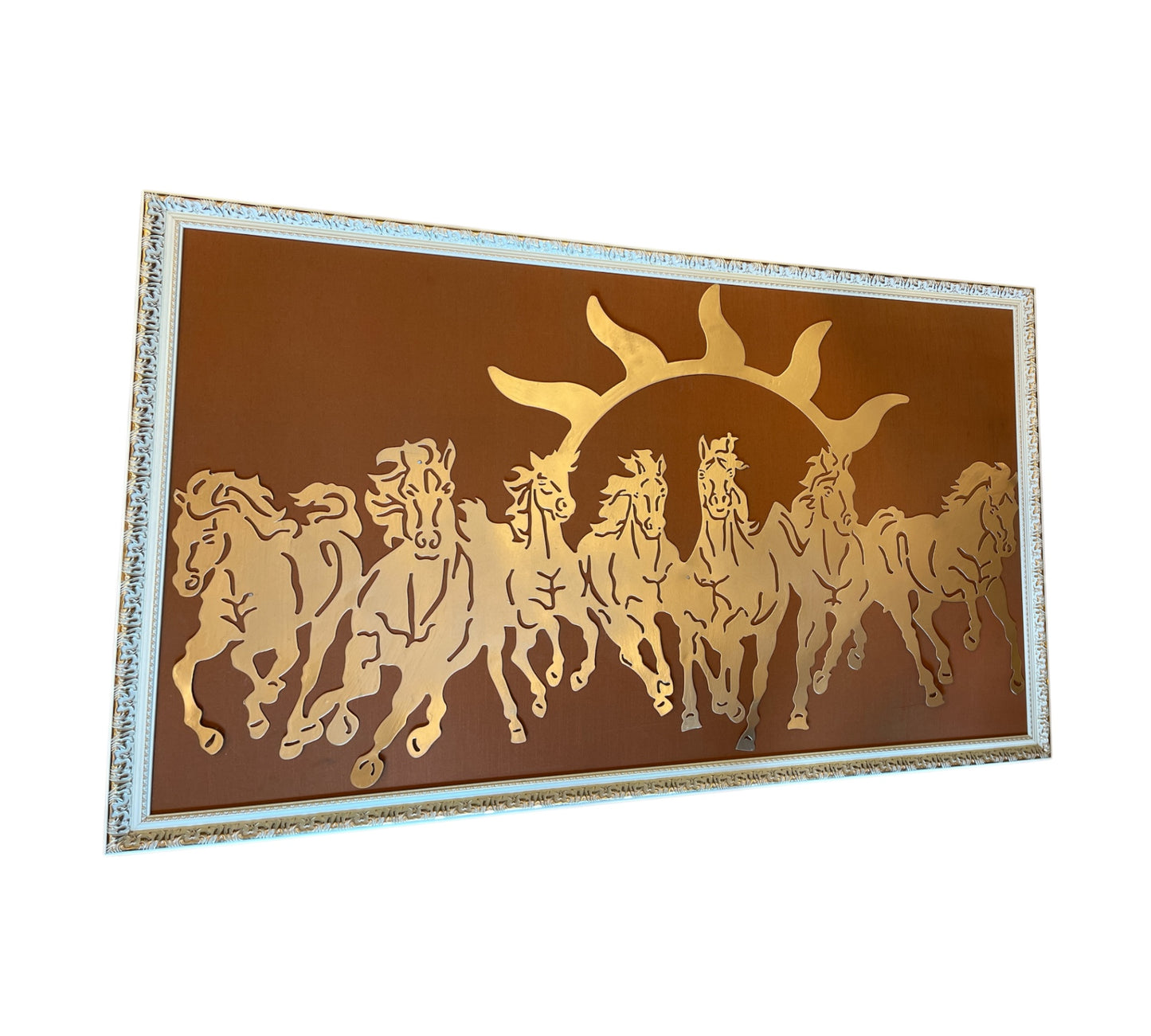 Seven Running Horses Metal with Brown Silk in Moulded Frame