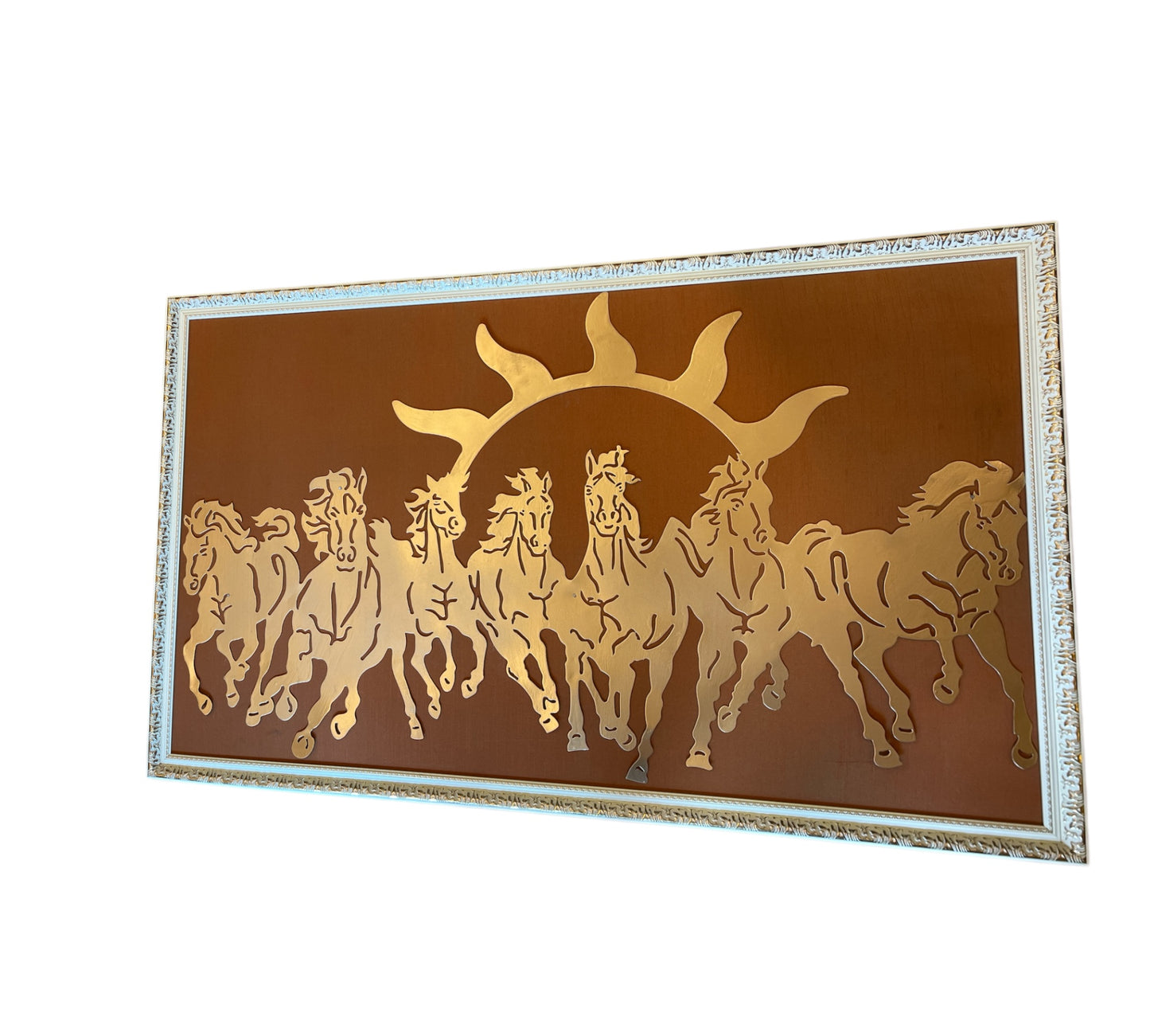 Seven Running Horses Metal with Brown Silk in Moulded Frame