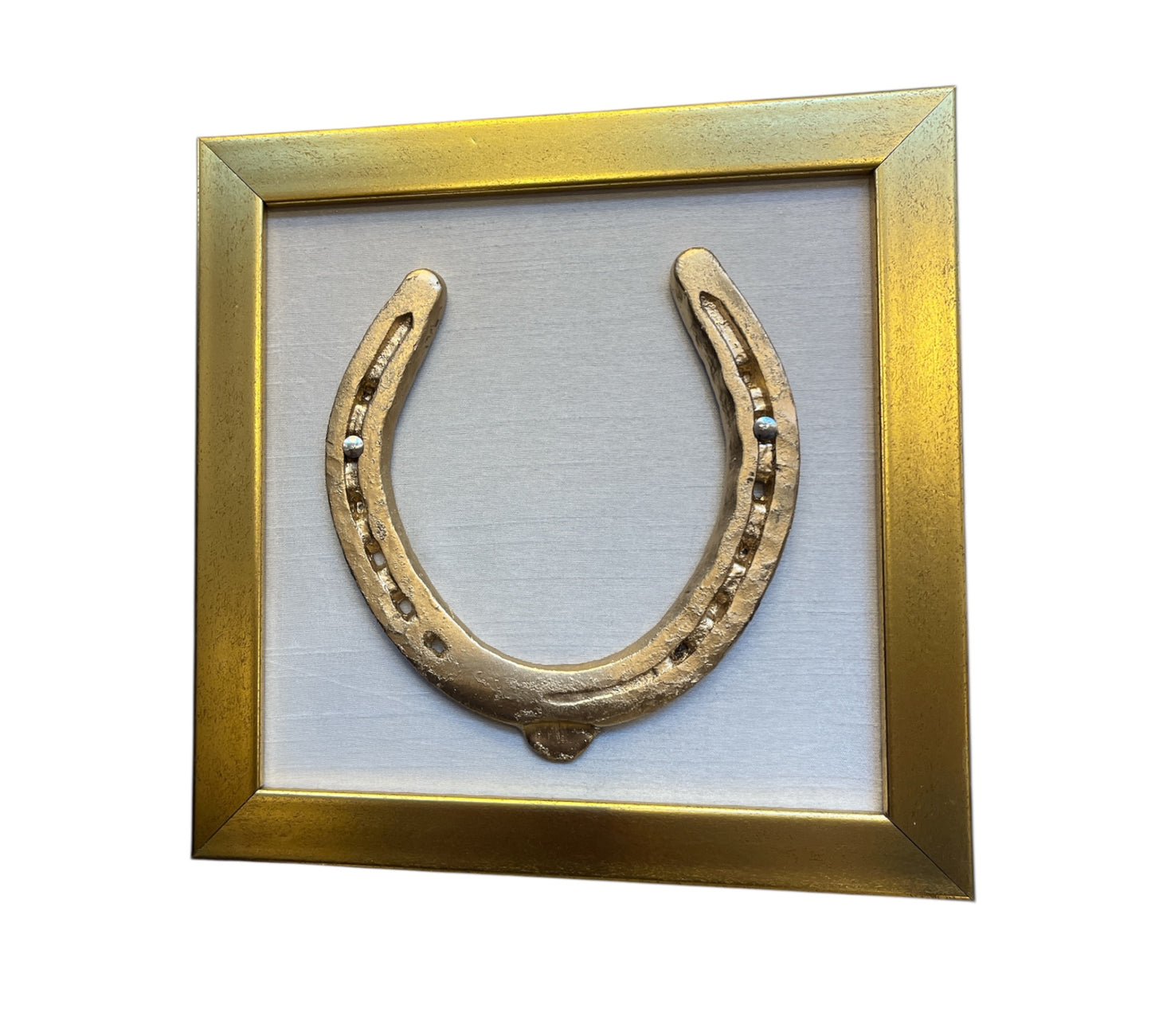 Good Luck Brass Horse Shoe with White silk & gold frame