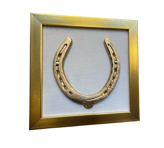 Good Luck Brass Horse Shoe with White silk & gold frame