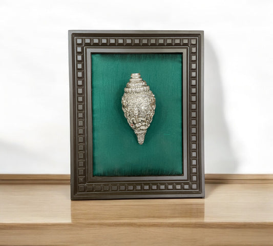 Ganesha Shank with green silk in wooden frame