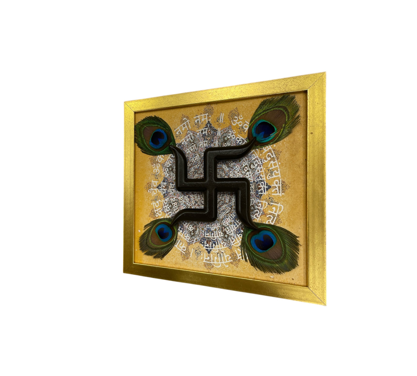Wooden swastik with peacock feather & Mandala Backdrop in Gold frame