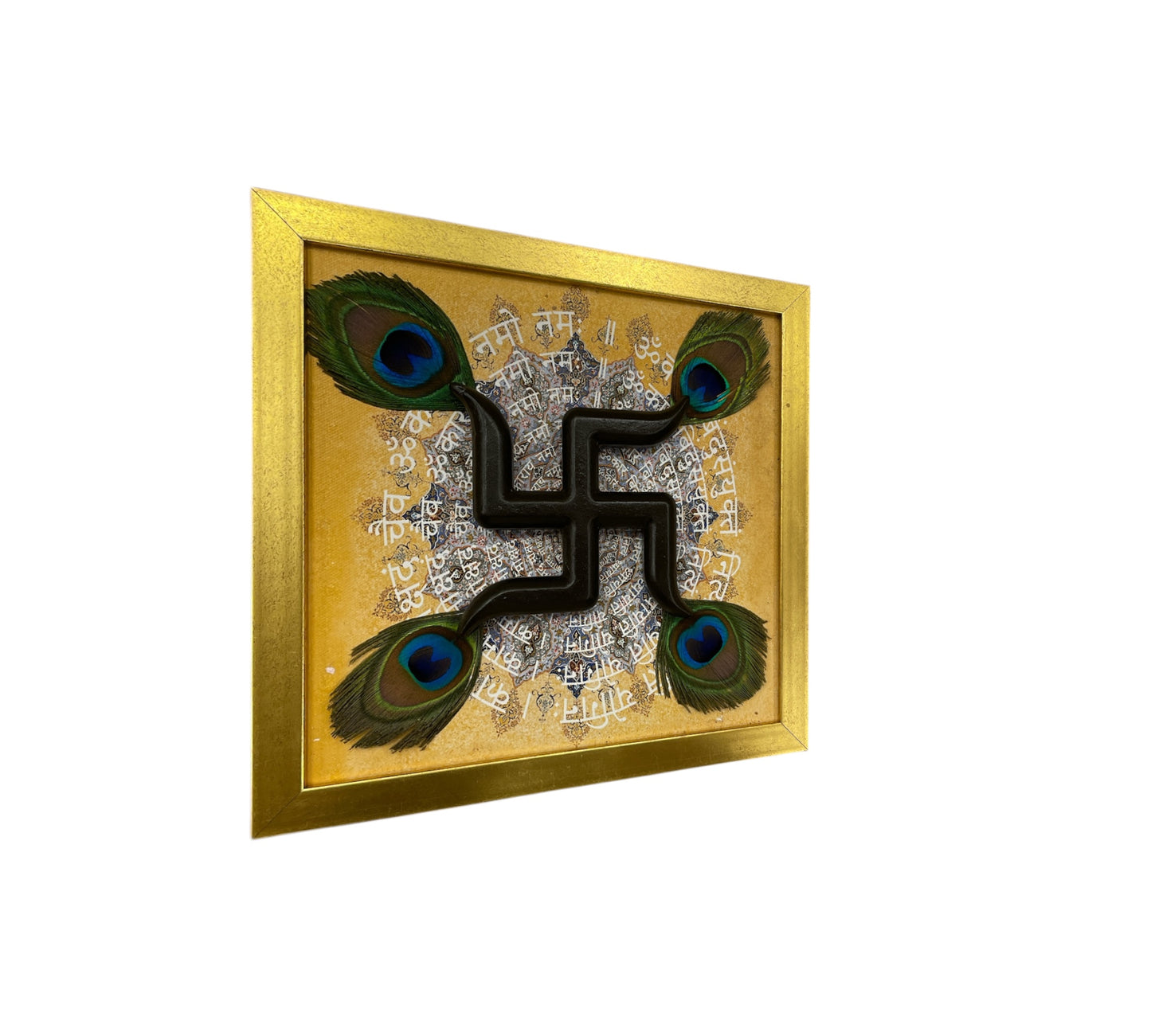 Wooden swastik with peacock feather & Mandala Backdrop in Gold frame