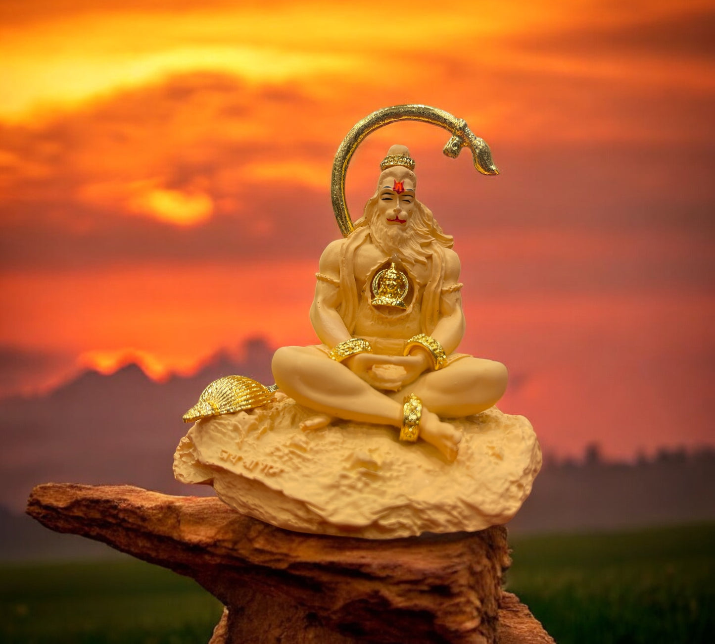 Meditating Lord Hanuman Idol – Porcelain with Metal Embellishments