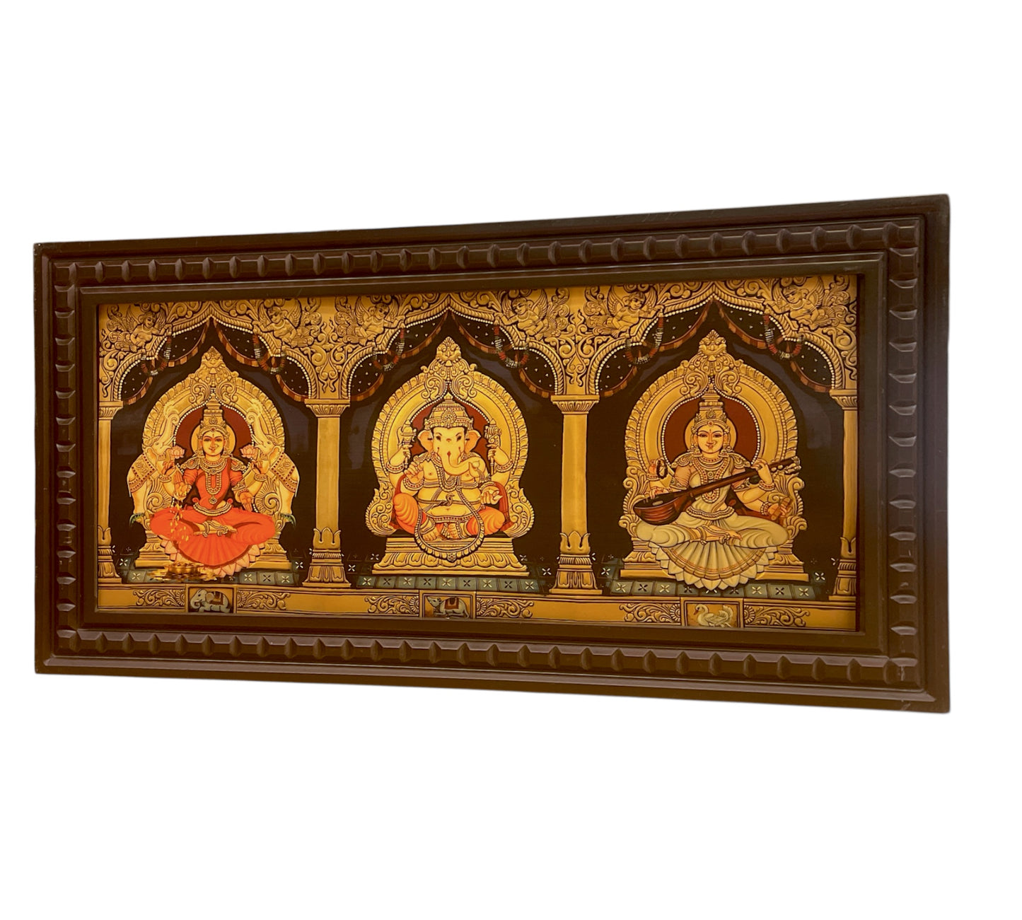 Ganesha Lakshmi Saraswati -2 Gold foiled art within Wooden Frame