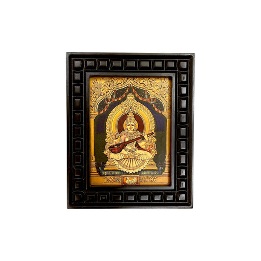 Goddess Saraswati Gold Leafed Art With Wooden Frame