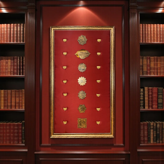 7 Chakra Wall Art | Sacred Energy Symbols in Gold on Silk | Framed Spiritual Décor