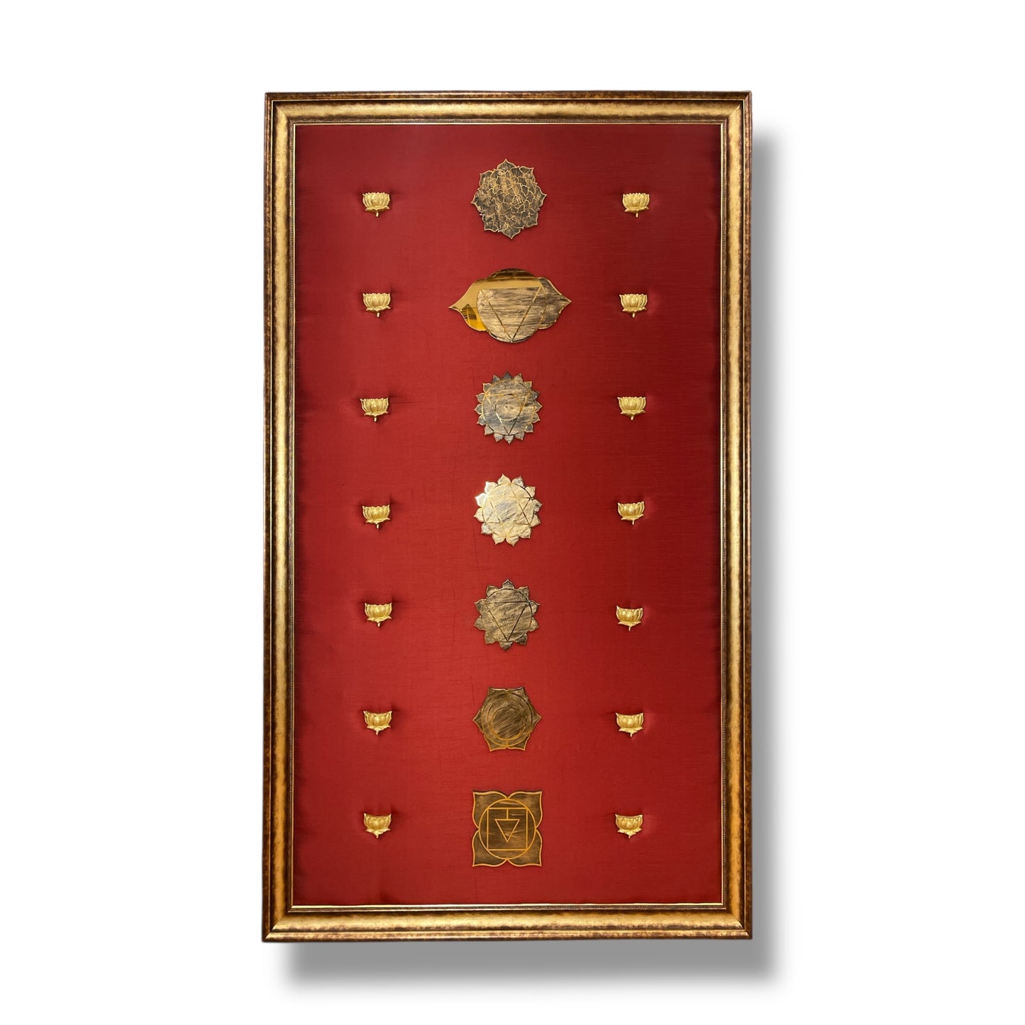 7 Chakra Wall Art | Sacred Energy Symbols in Gold on Silk | Framed Spiritual Décor