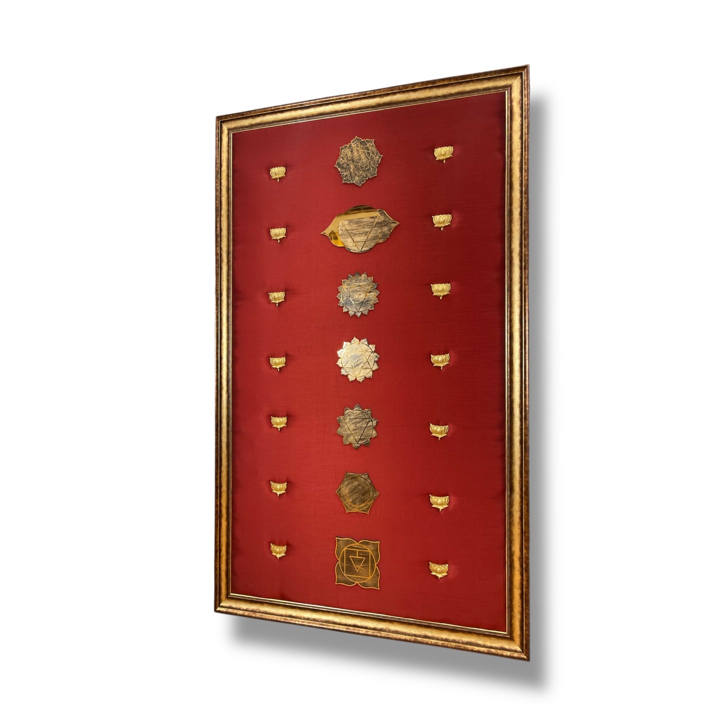 7 Chakra Wall Art | Sacred Energy Symbols in Gold on Silk | Framed Spiritual Décor