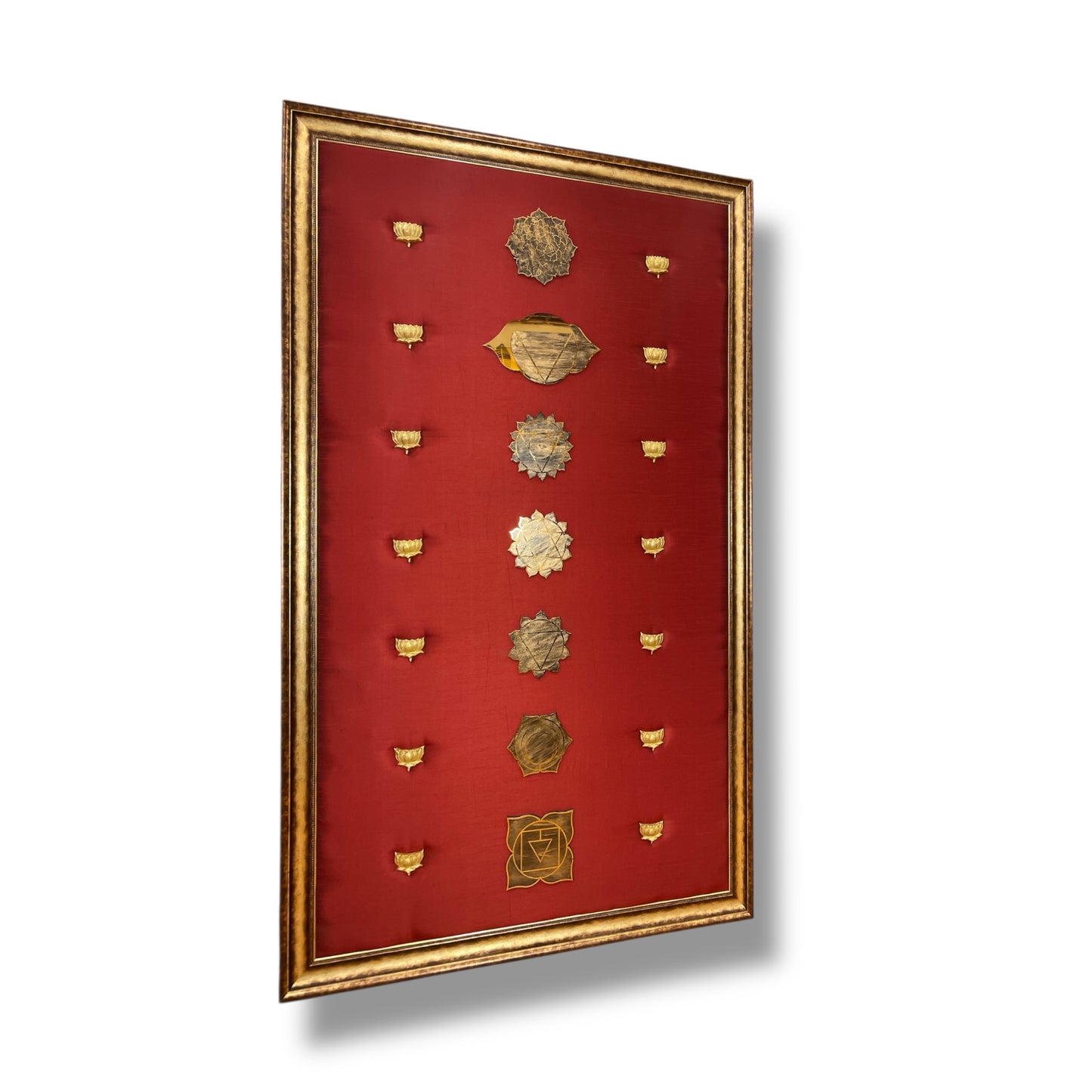 7 Chakra Wall Art | Sacred Energy Symbols in Gold on Silk | Framed Spiritual Décor