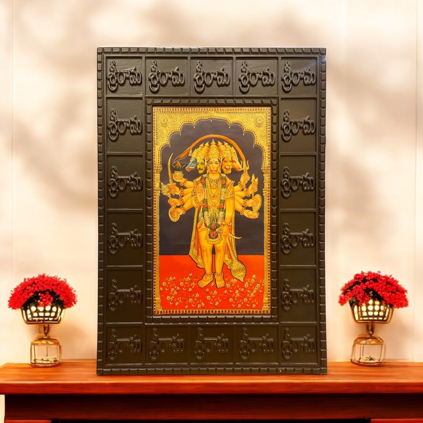 Panchamukhi Hanuman Gold Leafed art within Customized Wooden frame