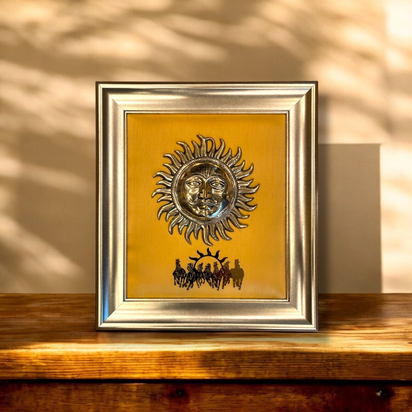 Brass Sun & 7 Running Horseswith Orange silk in Moulded frame