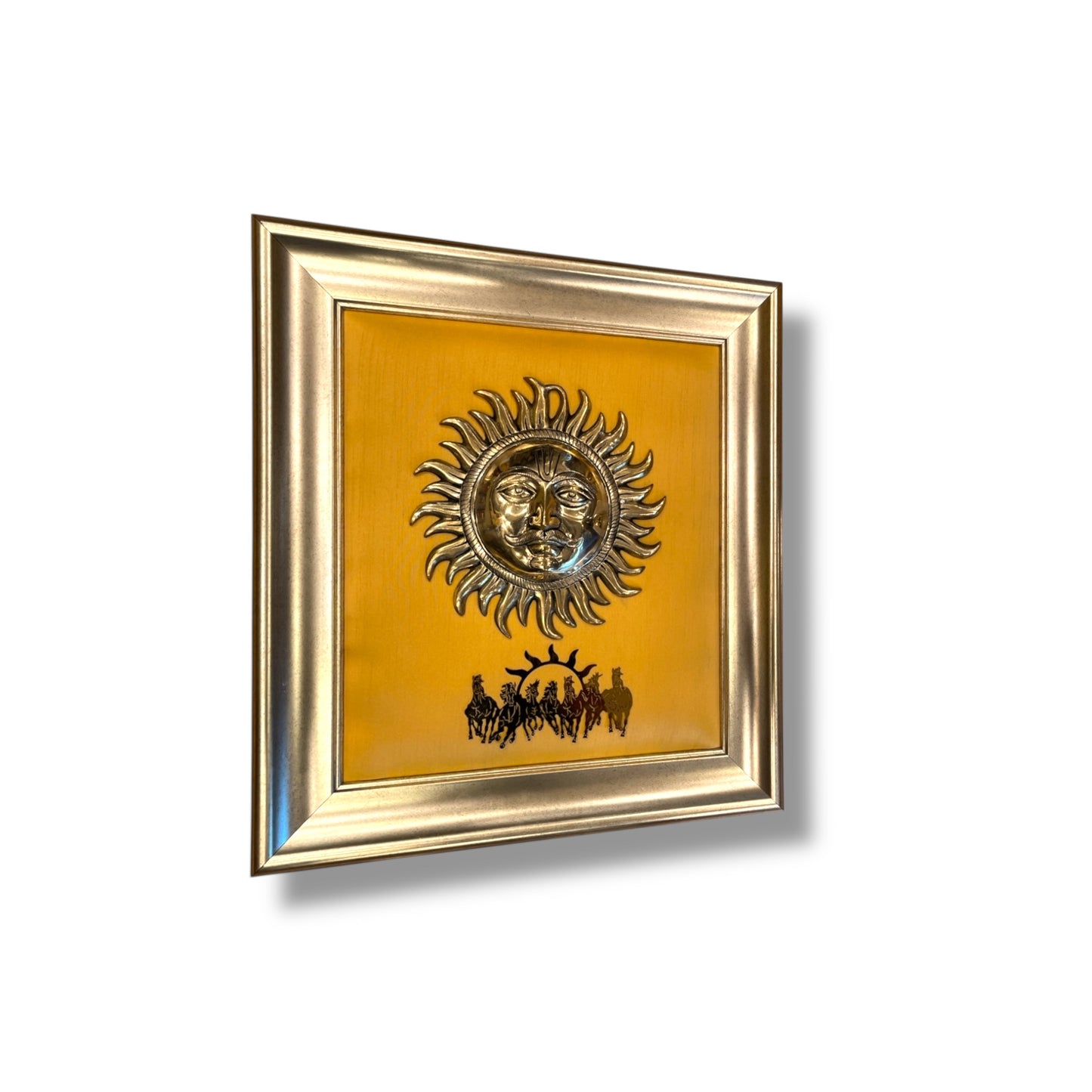 Brass Sun & 7 Running Horseswith Orange silk in Moulded frame