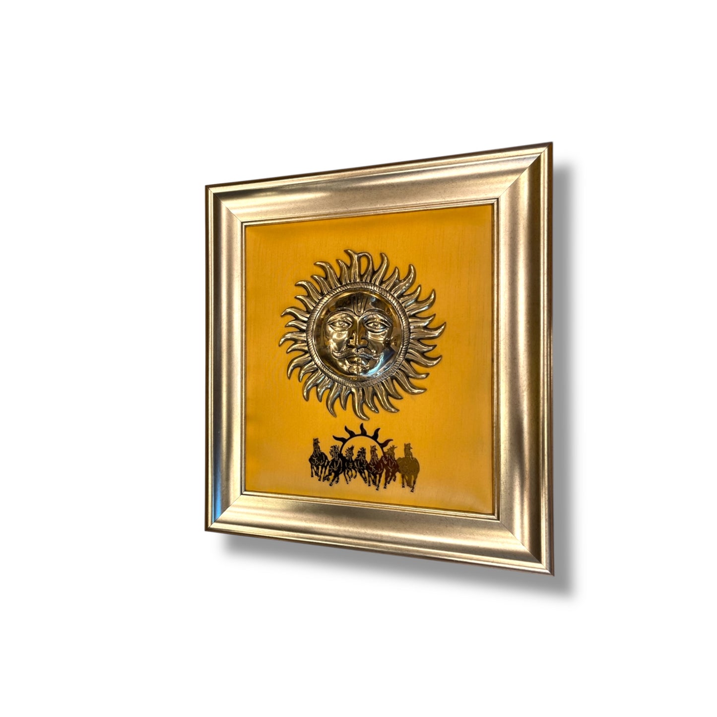 Brass Sun & 7 Running Horseswith Orange silk in Moulded frame