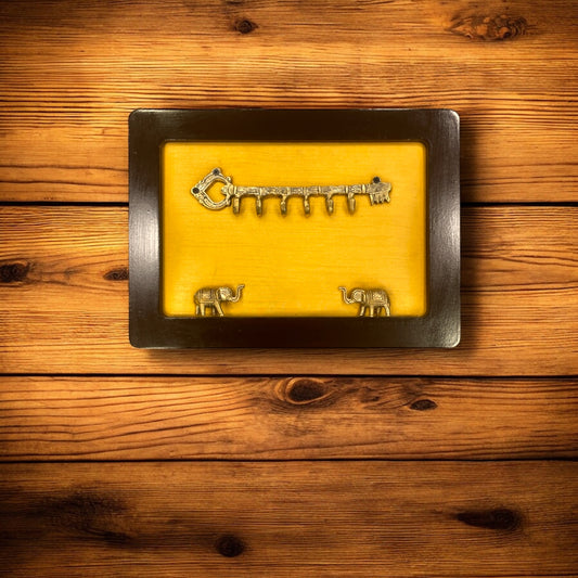 Brass Key Hanger with Elephants on Golden Silk in Wooden Frame