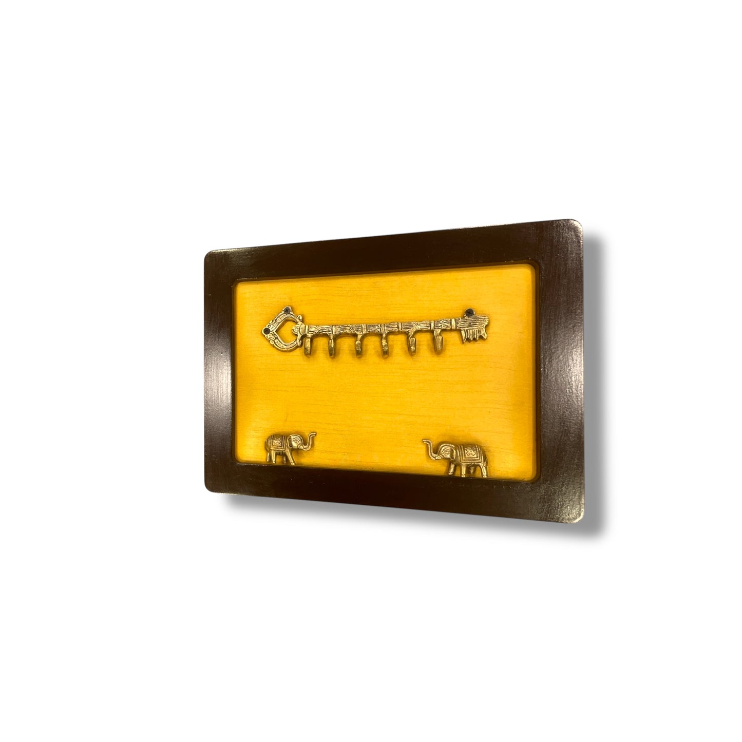 Brass Key Hanger with Elephants on Golden Silk in Wooden Frame