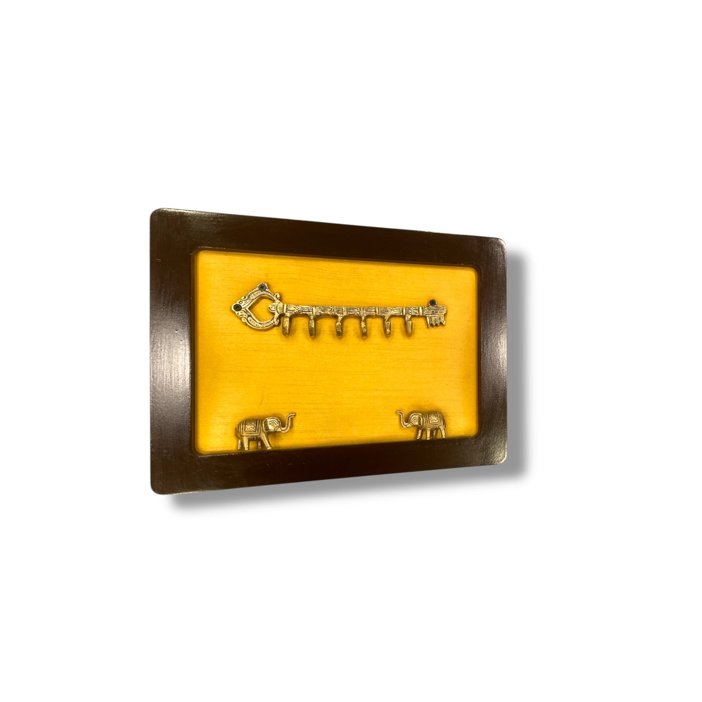 Brass Key Hanger with Elephants on Golden Silk in Wooden Frame