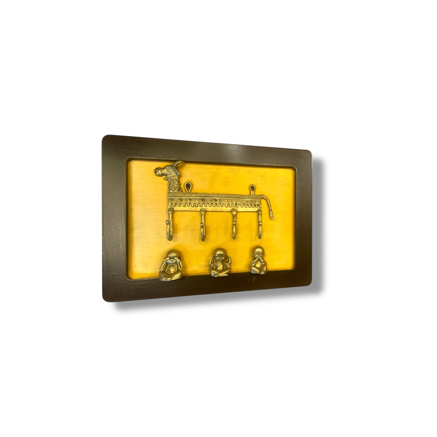 Brass Cow Key Hanger with Three Monks on Golden Silk in Wooden Frame