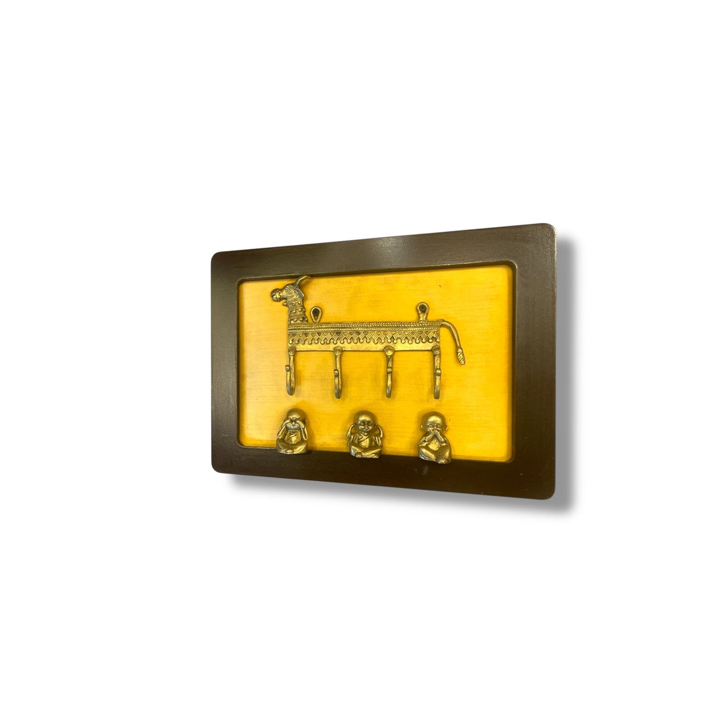 Brass Cow Key Hanger with Three Monks on Golden Silk in Wooden Frame
