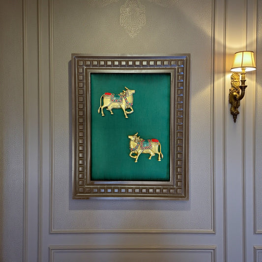 Brass Kamadhenu with stonework & Green Silk in Wooden frame