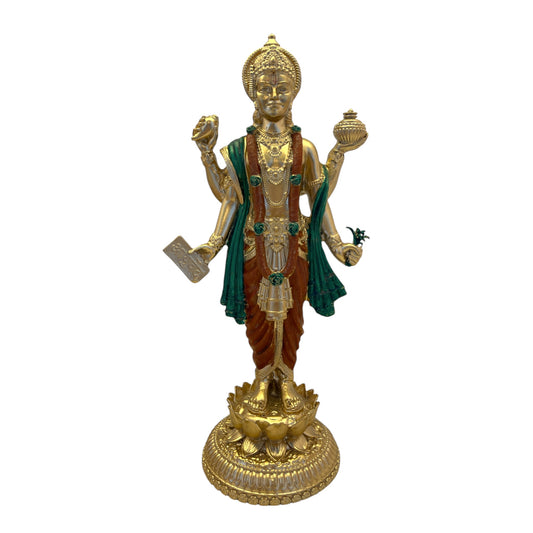 Lord Dhanvantri Healing Statue – Gold Finish with Green & Maroon Robes