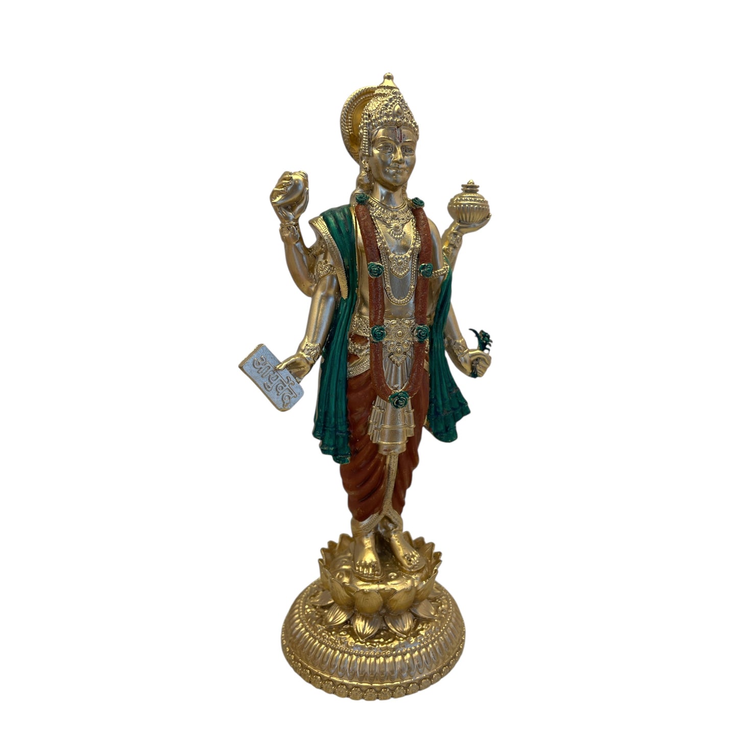 Lord Dhanvantri Healing Statue – Gold Finish with Green & Maroon Robes