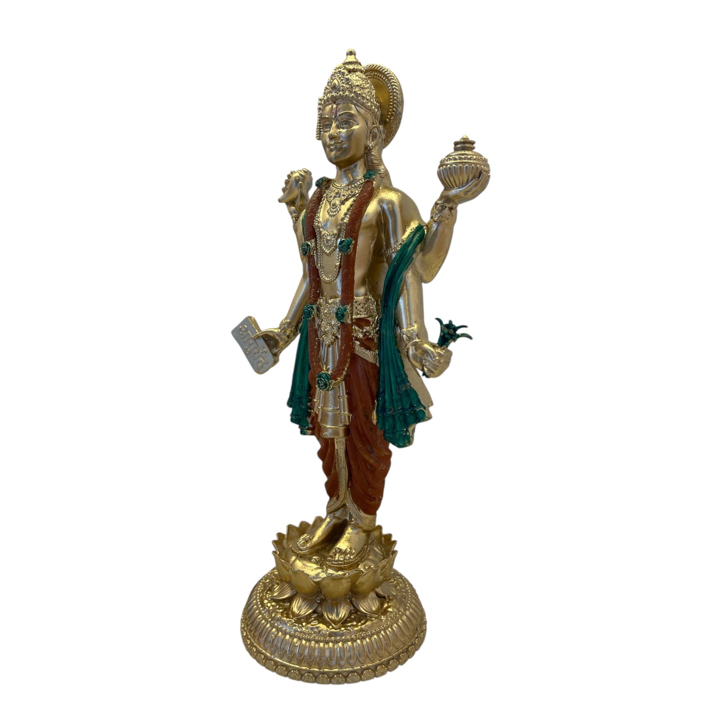 Lord Dhanvantri Healing Statue – Gold Finish with Green & Maroon Robes
