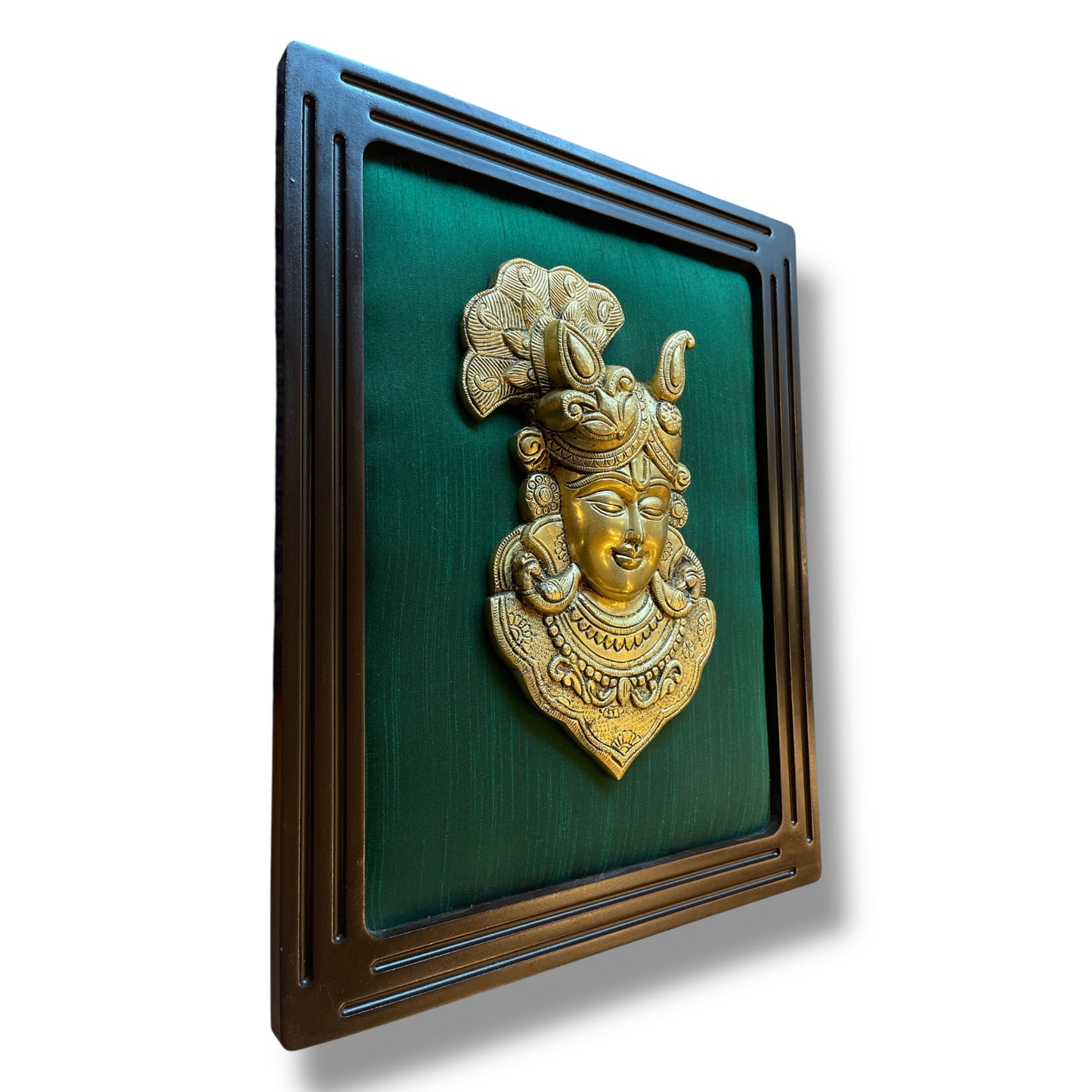 Brass Srinathji with green silk in wooden frame