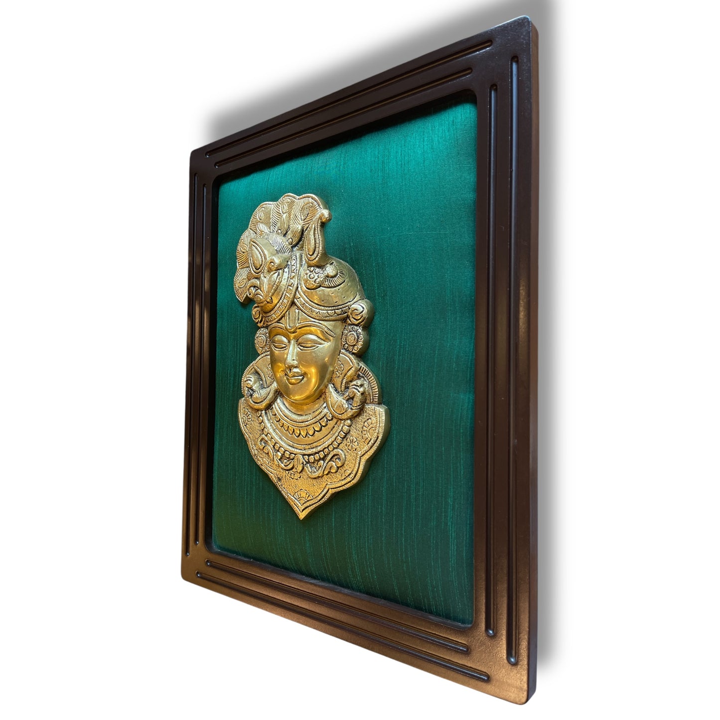 Brass Srinathji with green silk in wooden frame