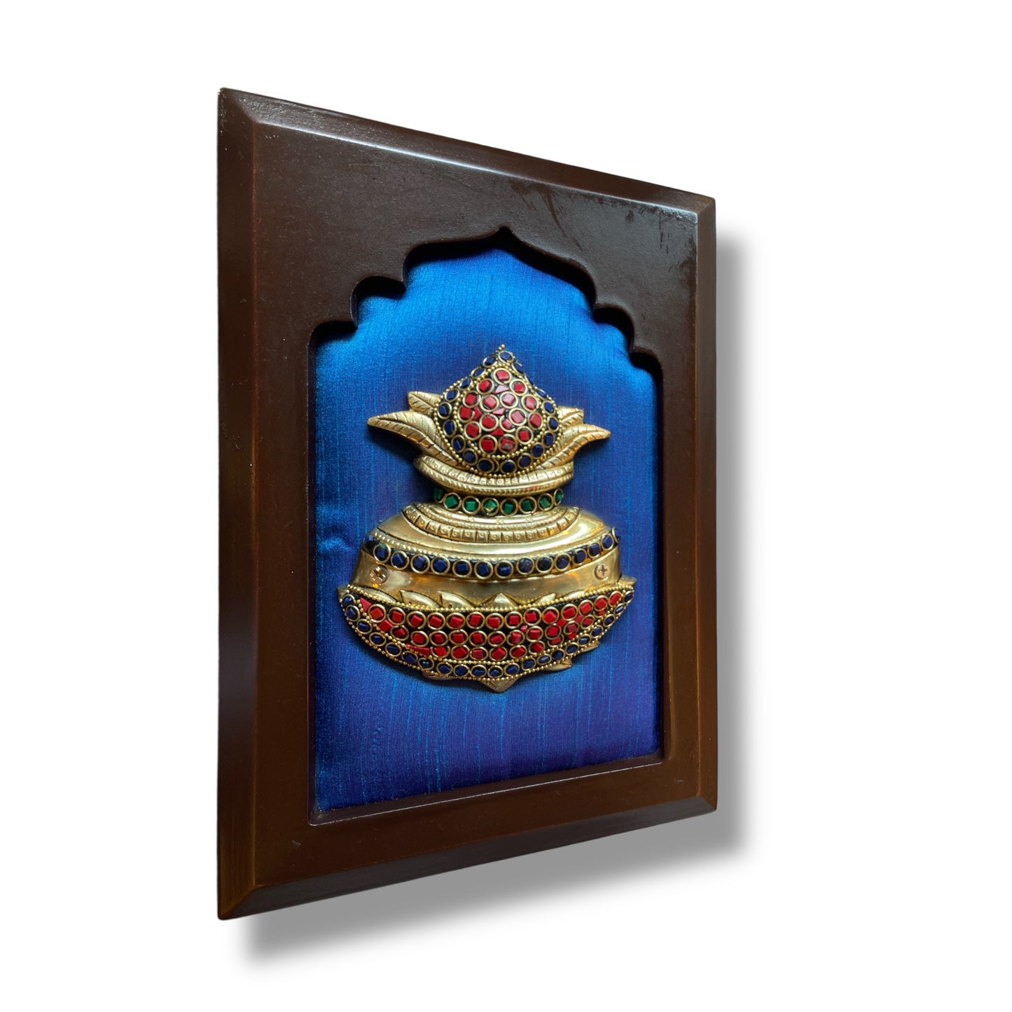 Brass kuber kalash with stone work on Blue silk in wooden frame