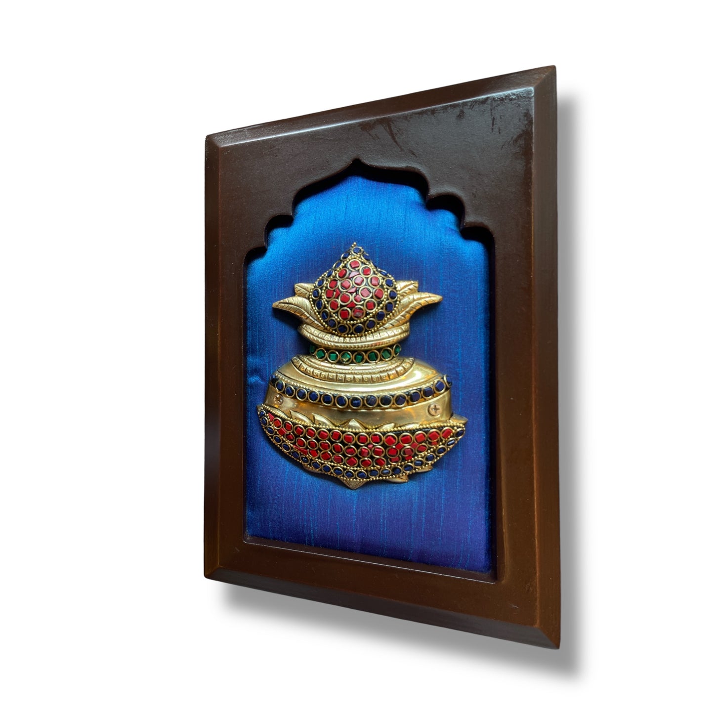 Brass kuber kalash with stone work on Blue silk in wooden frame