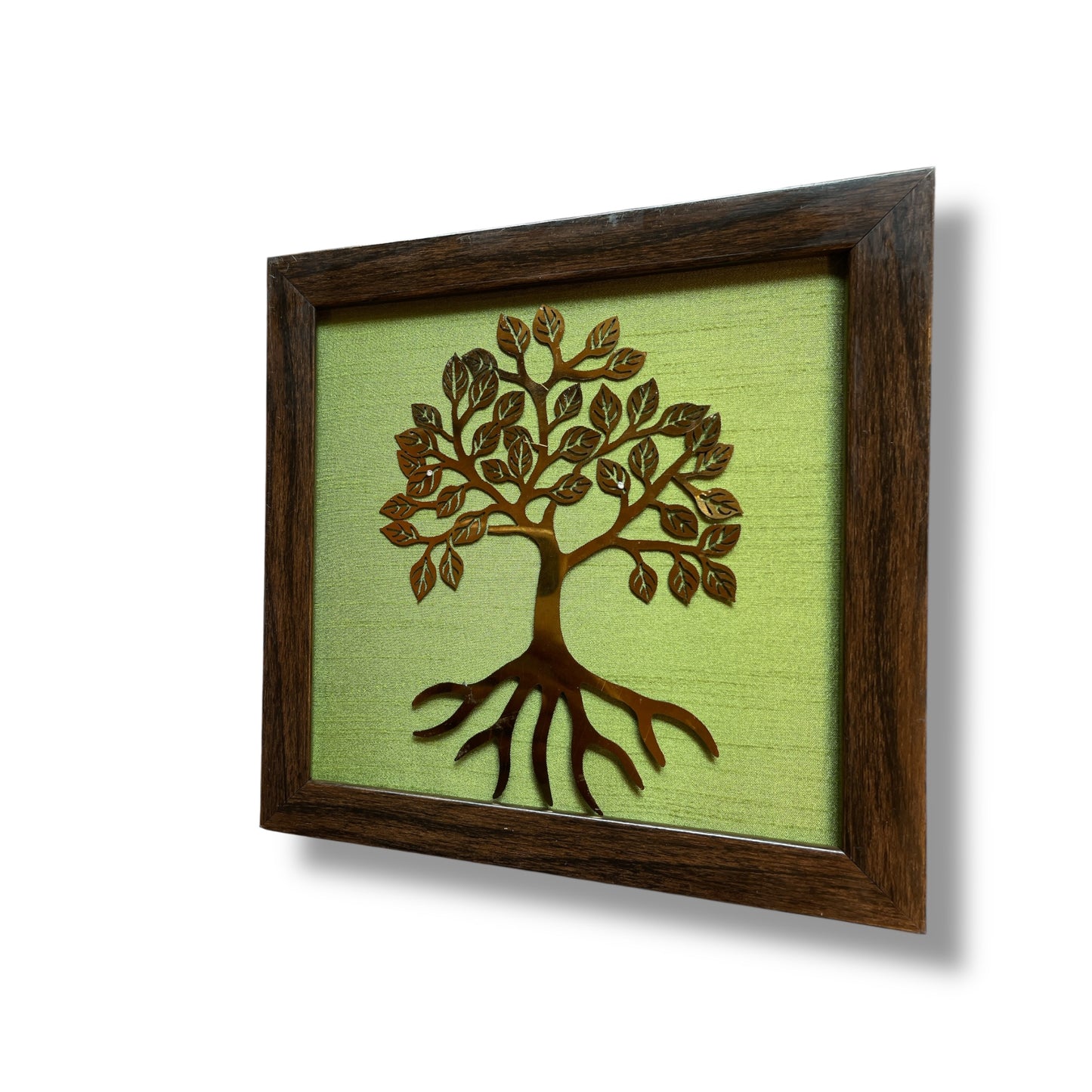 Bilva Tree Green Silk Background in Elegant Brown Frame