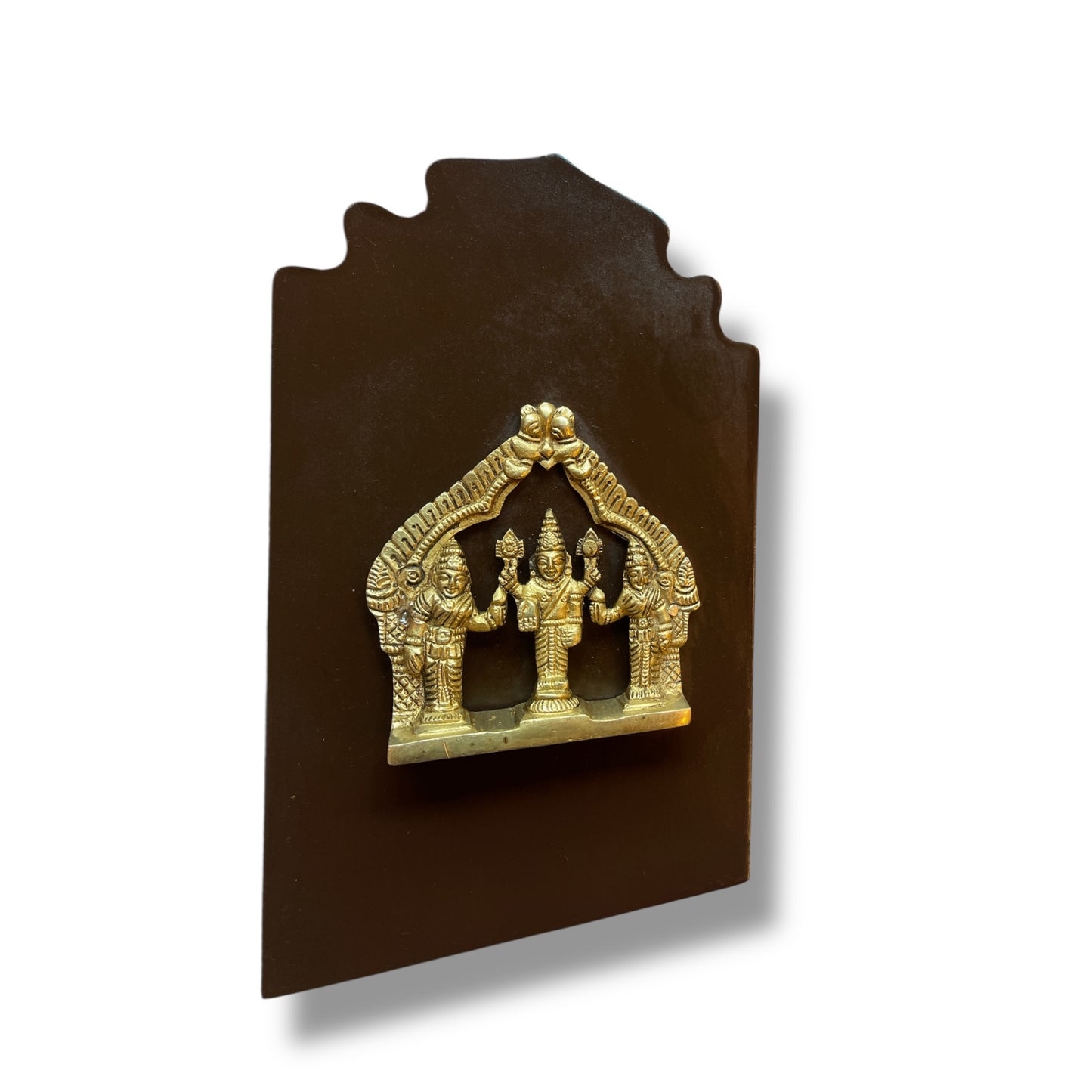 Brass Sree Vishnu with Shridevi & Bhudevi on Wooden Base