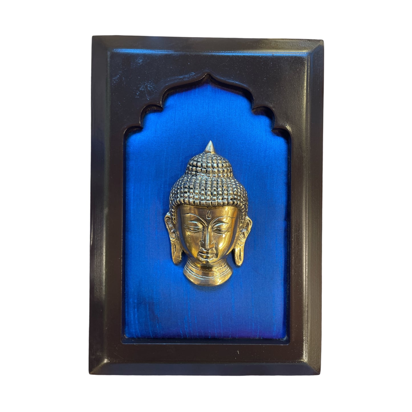 Brass Budha Blue silk in wooden frame