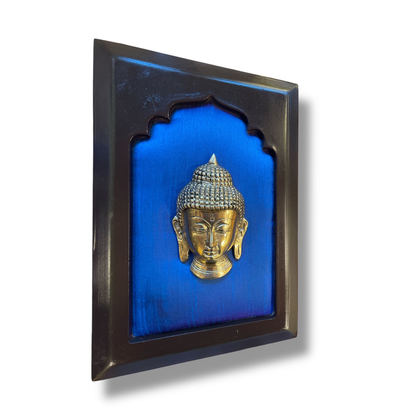 Brass Budha Blue silk in wooden frame