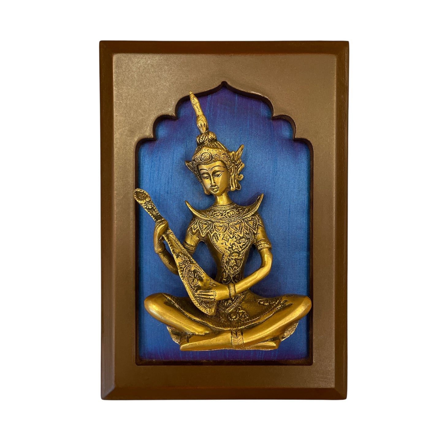 Brass Musician on Blue Silk in Wooden Frame