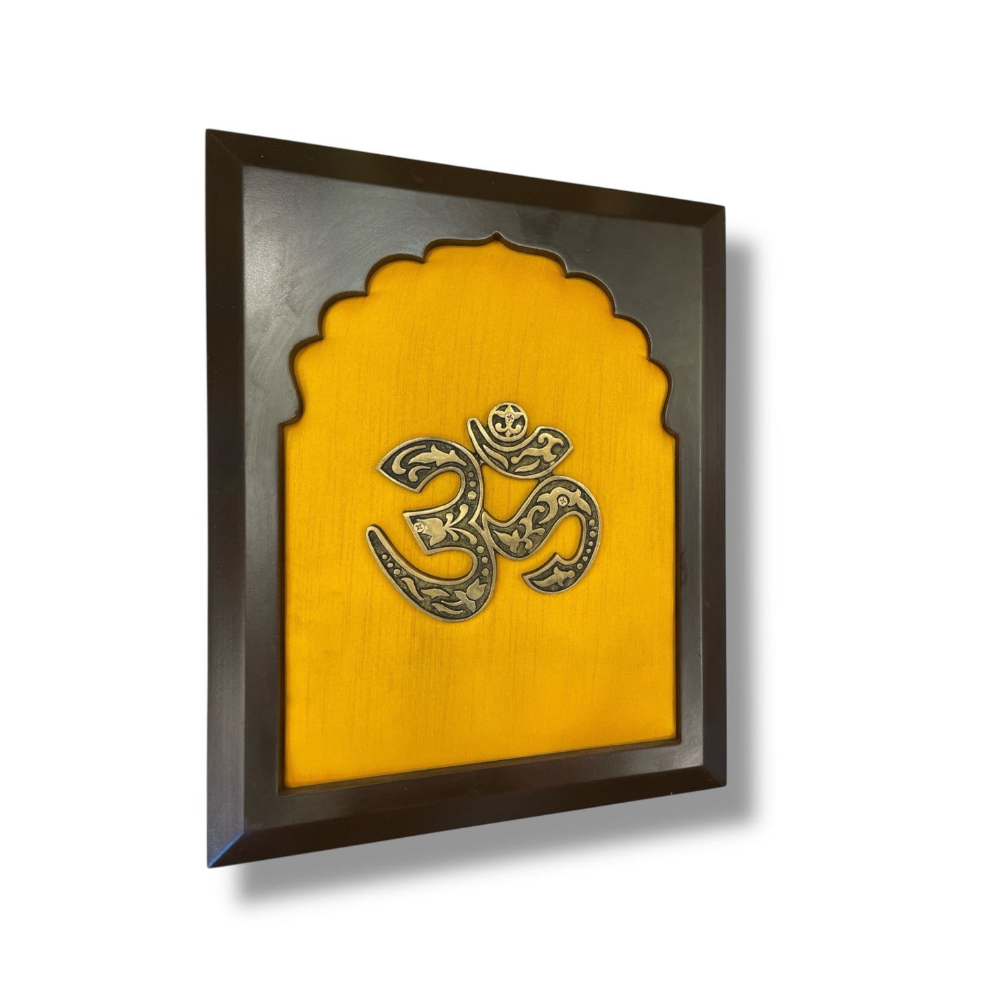 Brass Om on Golden Silk in Wooden frame